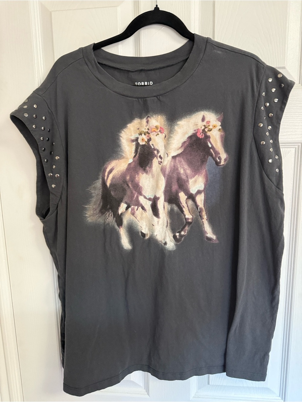 torrid Charcoal Tank Top with Horse Graphic and Studded Sleeves